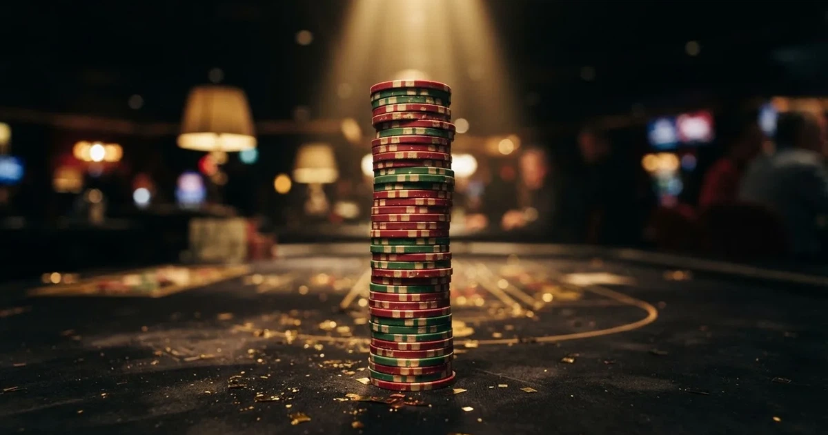 Guldkonfetti faller över spelmarker på ett svart bord, en ljuskägla träffar högens topp — casinon med gratis spins i sverige