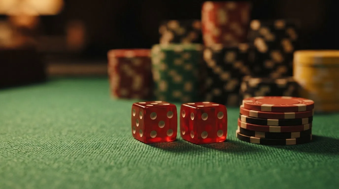 Röda tärningar vilar på grönt filt, bakom dem suddiga torn av spelmarker i kvällsdunklet — casinon med jackpot i sverige