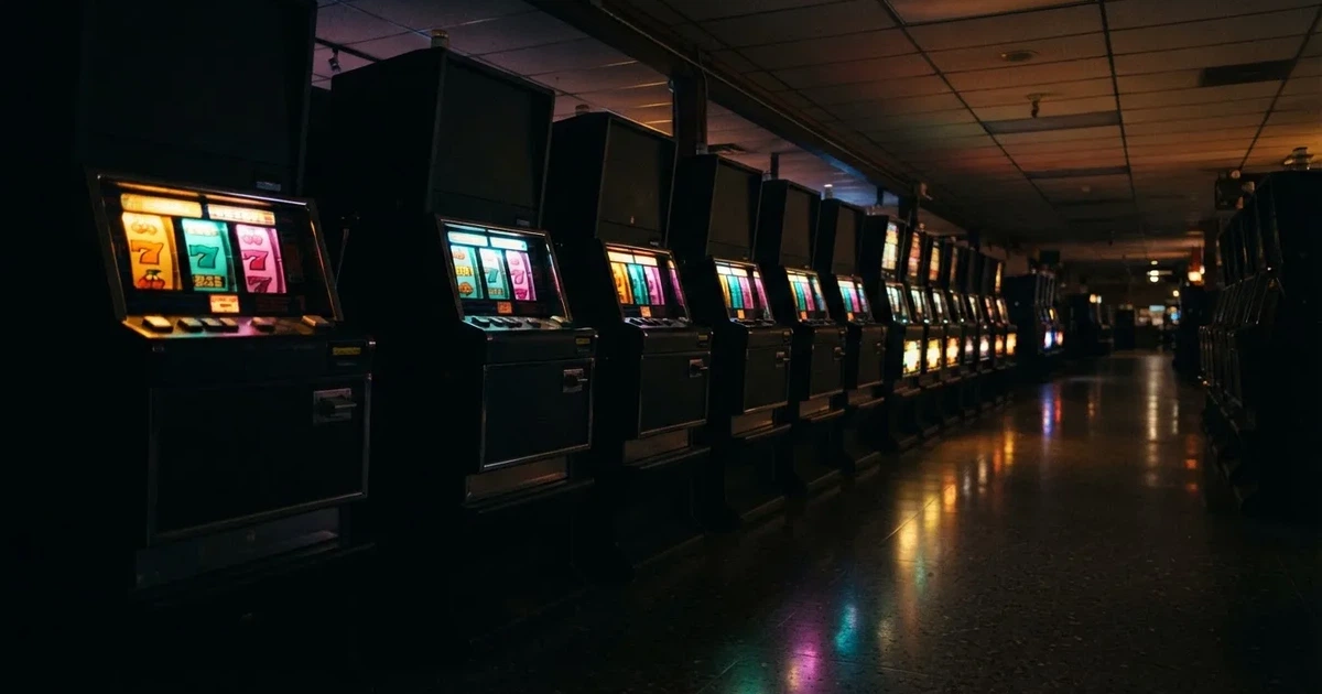 En rad spelskåp i en dunkel hall, rullarna lyser i olika färger och golvet speglar dem — casinon med jackpot i sverige