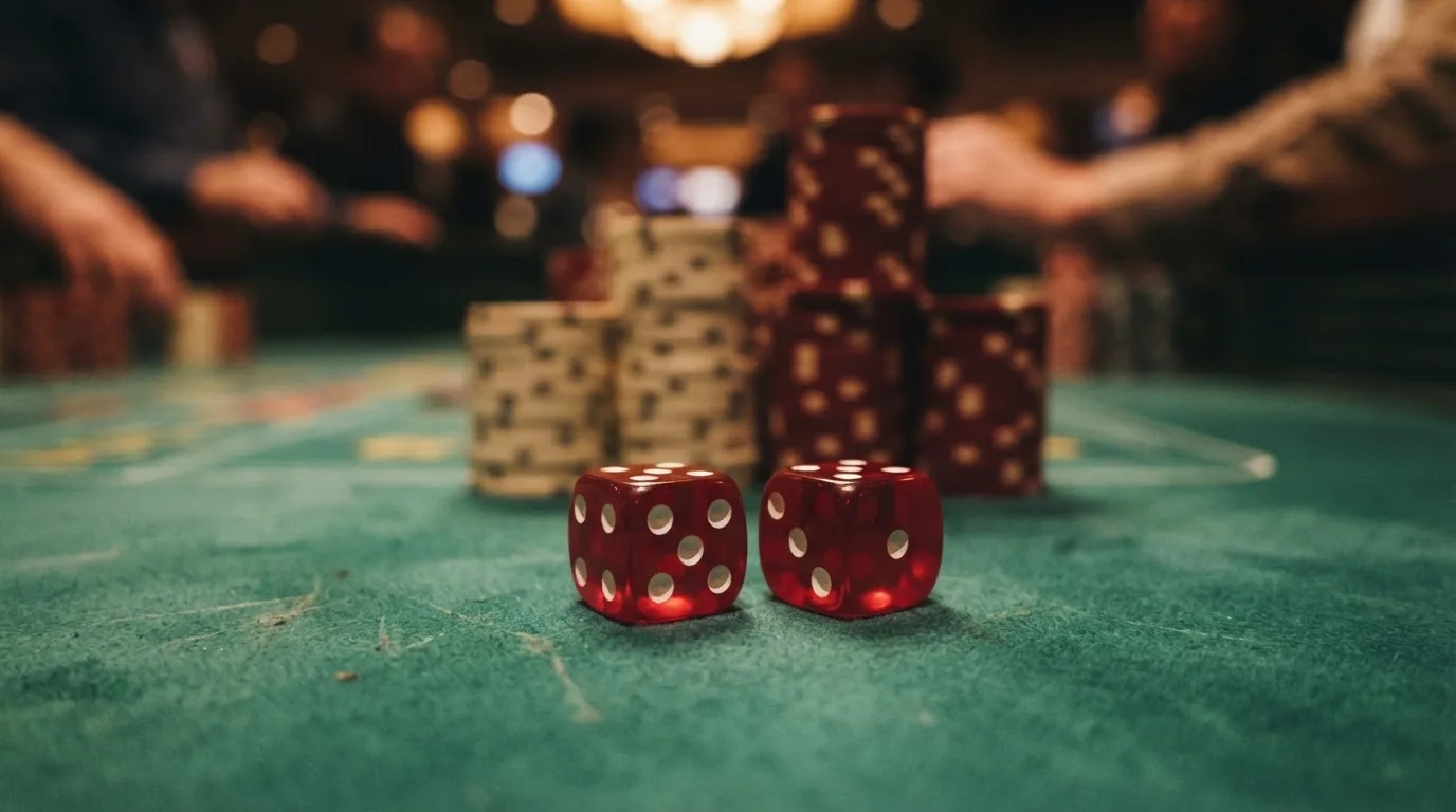 Röda tärningar vilar på grönt filt, bakom dem suddiga torn av spelmarker i kvällsdunklet — casinon med låg insättning