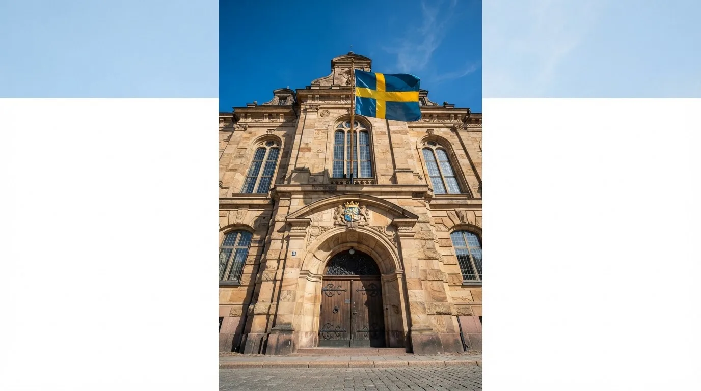 Ett gammalt stadshus i sten fotograferat underifrån mot en klarblå himmel, med den svenska flaggan som fladdrar ovanför entrén.