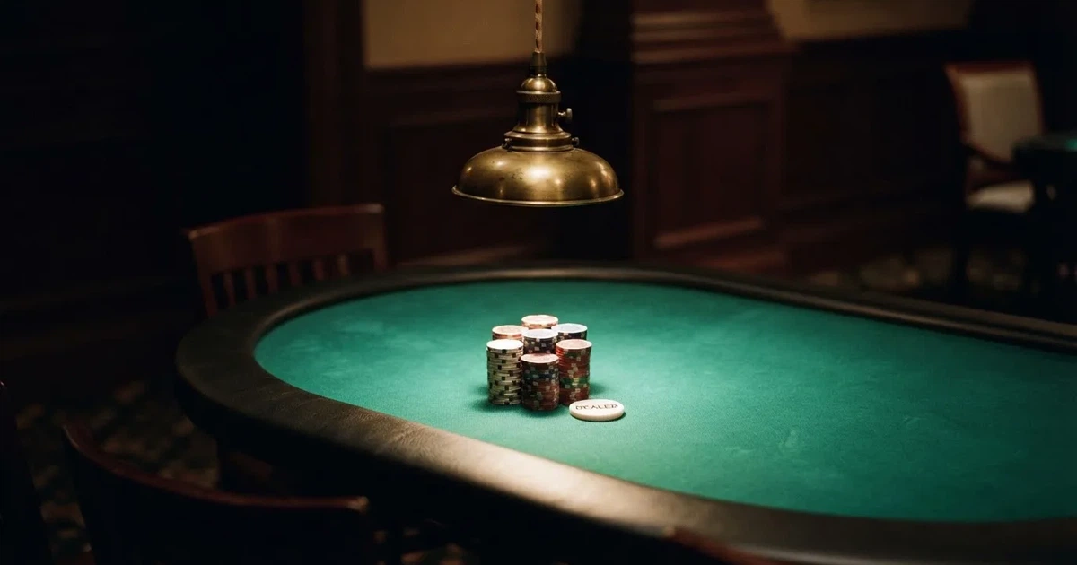 Ett ovalt pokerbord under en lågt hängande lampa, med spelmarker och en vit bricka i ljuset — casinon med roulette i sverige