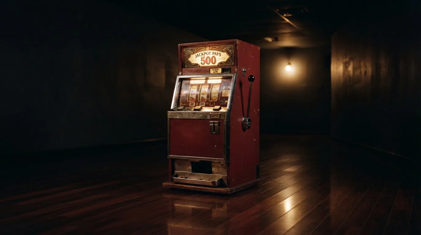 En gammal spelautomat lyser i den dunkla hallen och speglar sig i golvet — casinon med slots i sverige