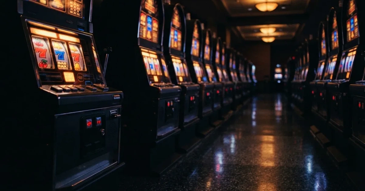 En rad spelskåp i en dunkel hall, rullarna lyser i olika färger och golvet speglar dem — casinon med slots i sverige