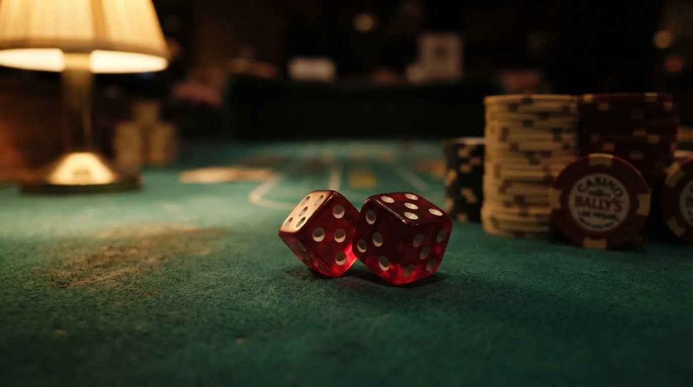 Röda tärningar vilar på grönt filt, bakom dem suddiga torn av spelmarker i kvällsdunklet — casinon med spelautomater i sverige