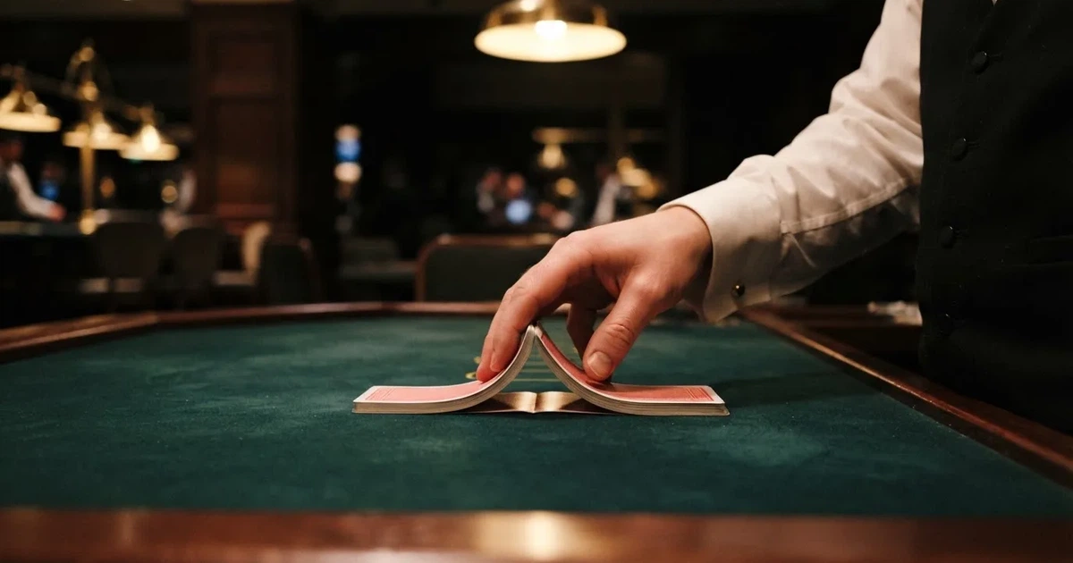 Croupierens händer blandar kort på grönt filt, taklampan speglas i den blanka kortbunten — casinon med spelautomater i sverige