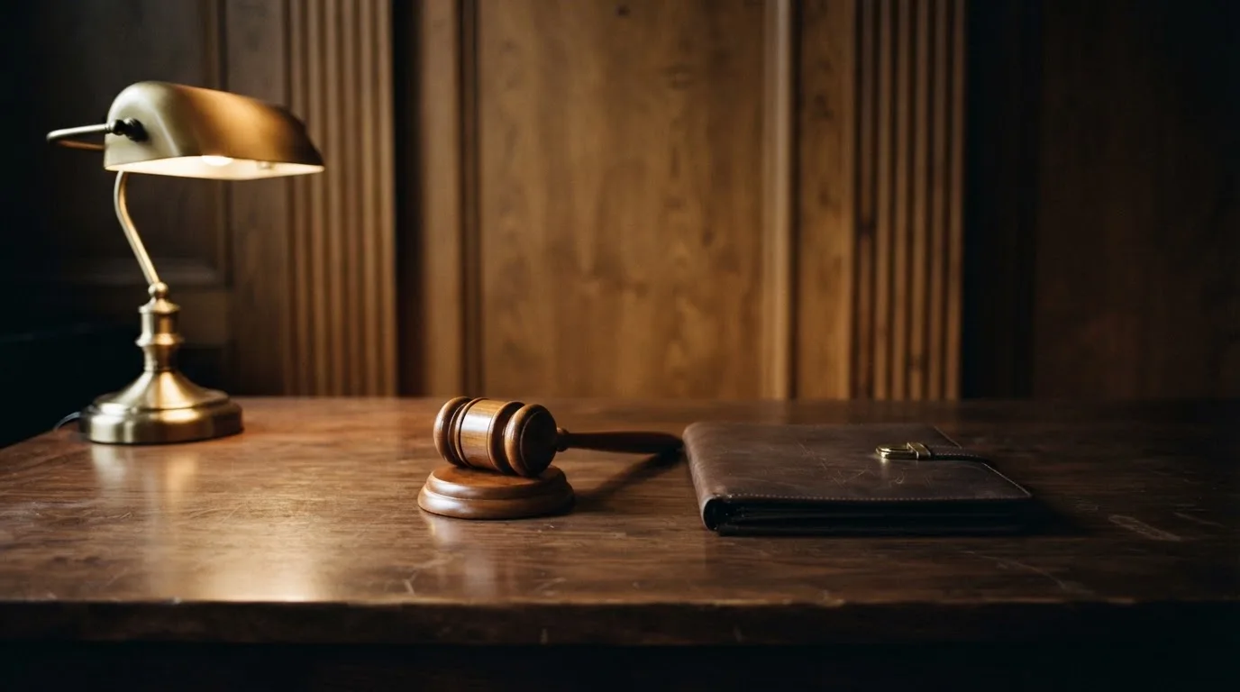 En domarklubba bredvid en sluten läderpärm på ett mörkt bord, ekpanel bakom — casinon med störst vinstchans