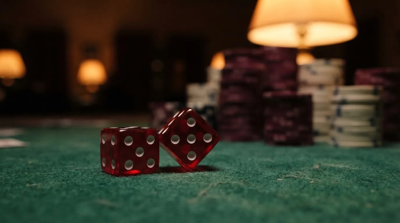 Röda tärningar vilar på grönt filt, bakom dem suddiga torn av spelmarker i kvällsdunklet — casinon med uttag i sverige