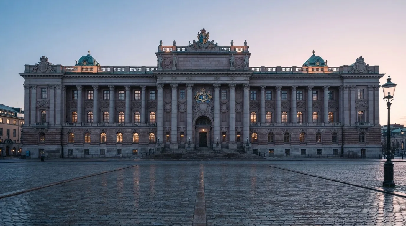 Stenfasad på en statlig byggnad i Stockholm vid gryning, höga pelare och ett tomt torg framför — casinon med uttag i sverige