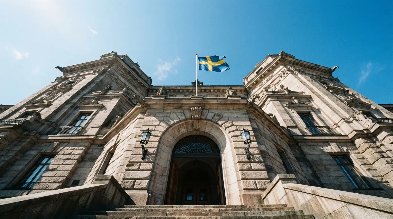 Ett gammalt stadshus i sten fotograferat underifrån mot en klarblå himmel, med den svenska flaggan som fladdrar ovanför entrén.