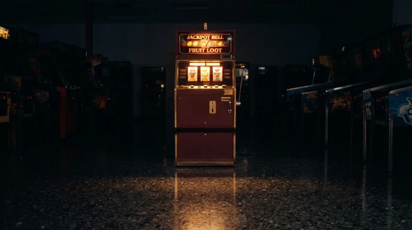 En gammal spelautomat lyser i den dunkla hallen och speglar sig i golvet — casinon med välkomsterbjudande
