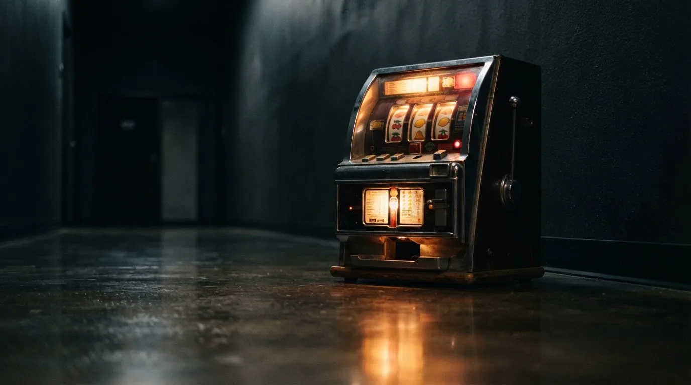 En gammal spelautomat lyser i den dunkla hallen och speglar sig i golvet — casinon utan bankid i sverige