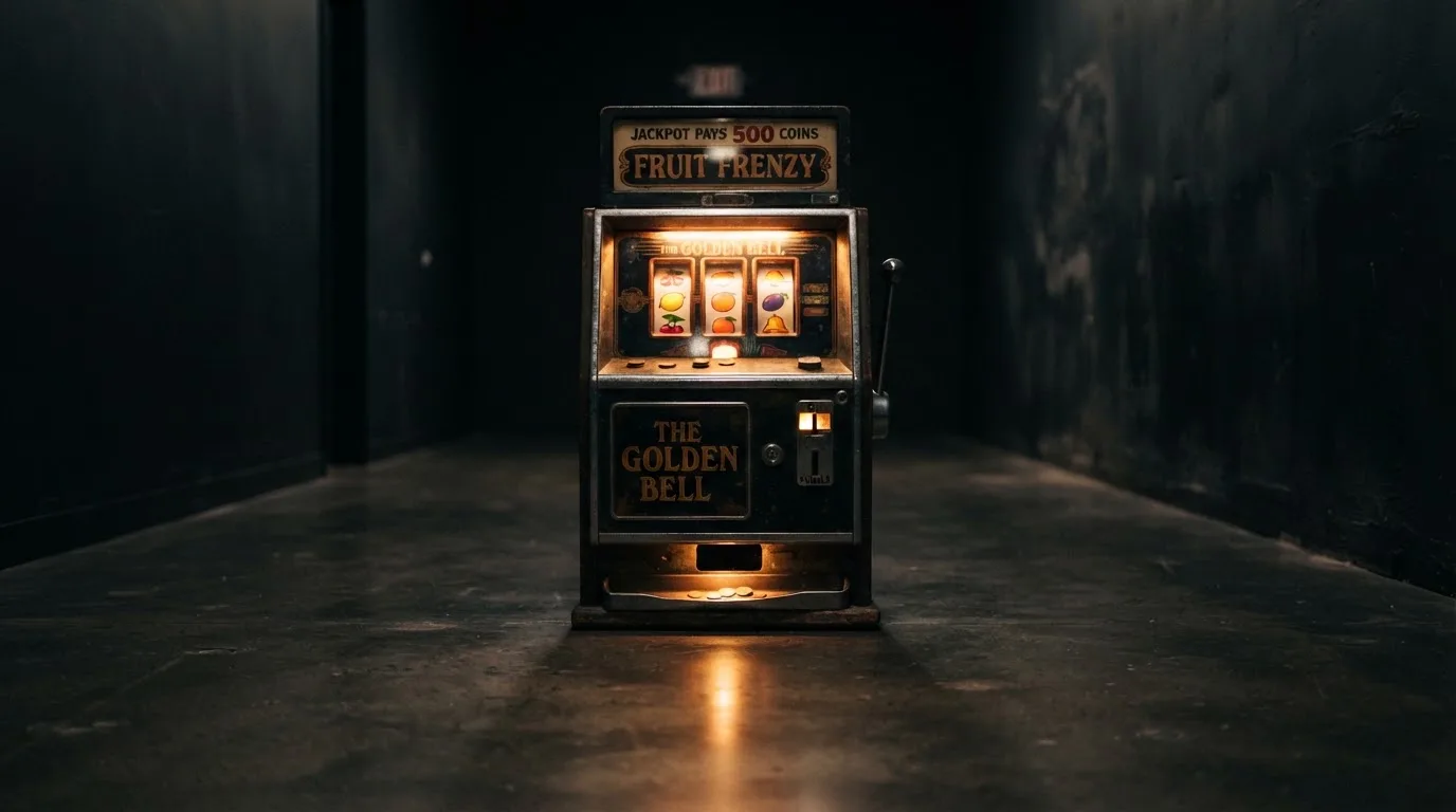 En gammal spelautomat lyser i den dunkla hallen och speglar sig i golvet — casinon utan omsättningskrav