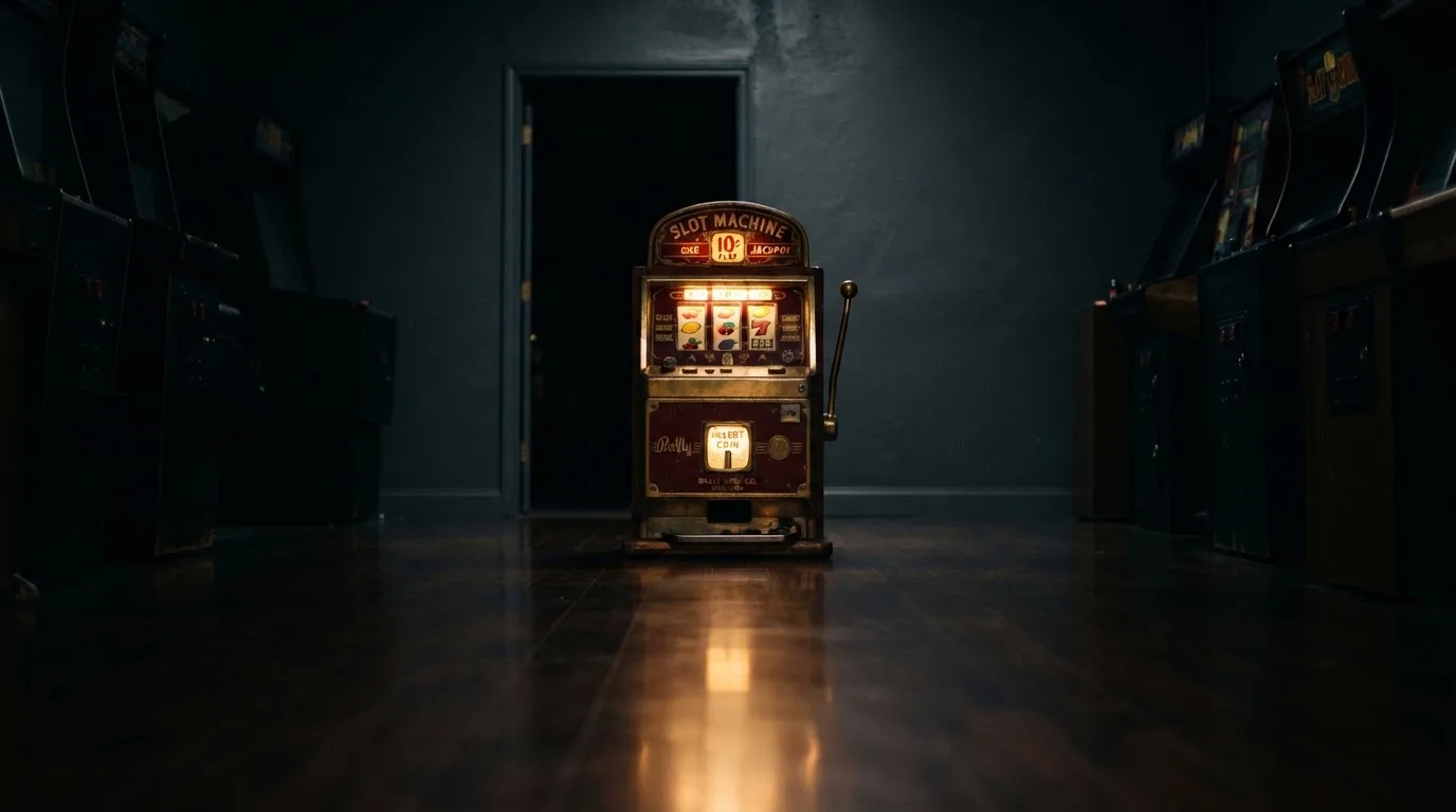 En gammal spelautomat lyser i den dunkla hallen och speglar sig i golvet — casinon utan spelgräns i sverige