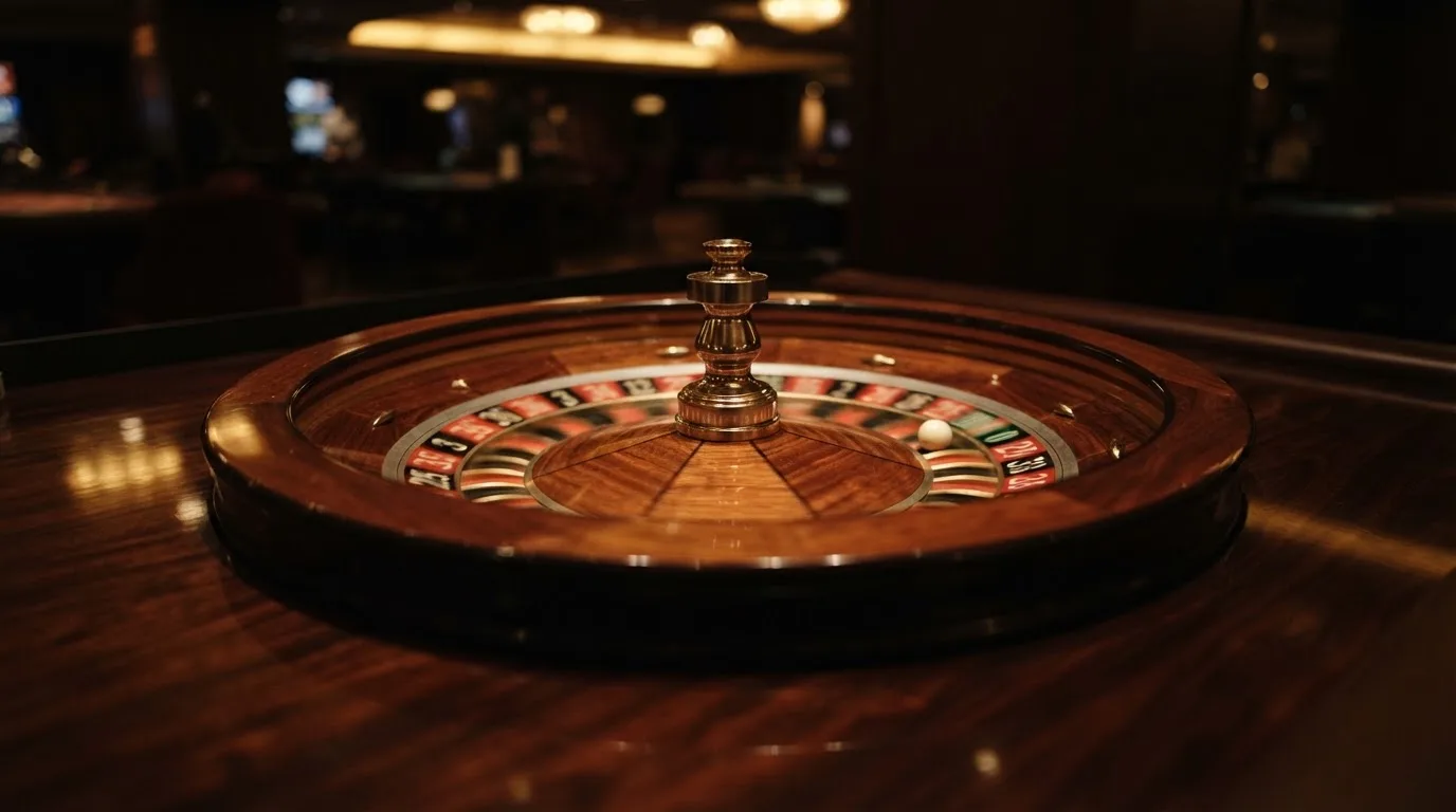 Ett roulettehjul snurrar på ett blankt träbord, den vita kulan glimmar i takljusets guld — casinon utomlands för svenskar
