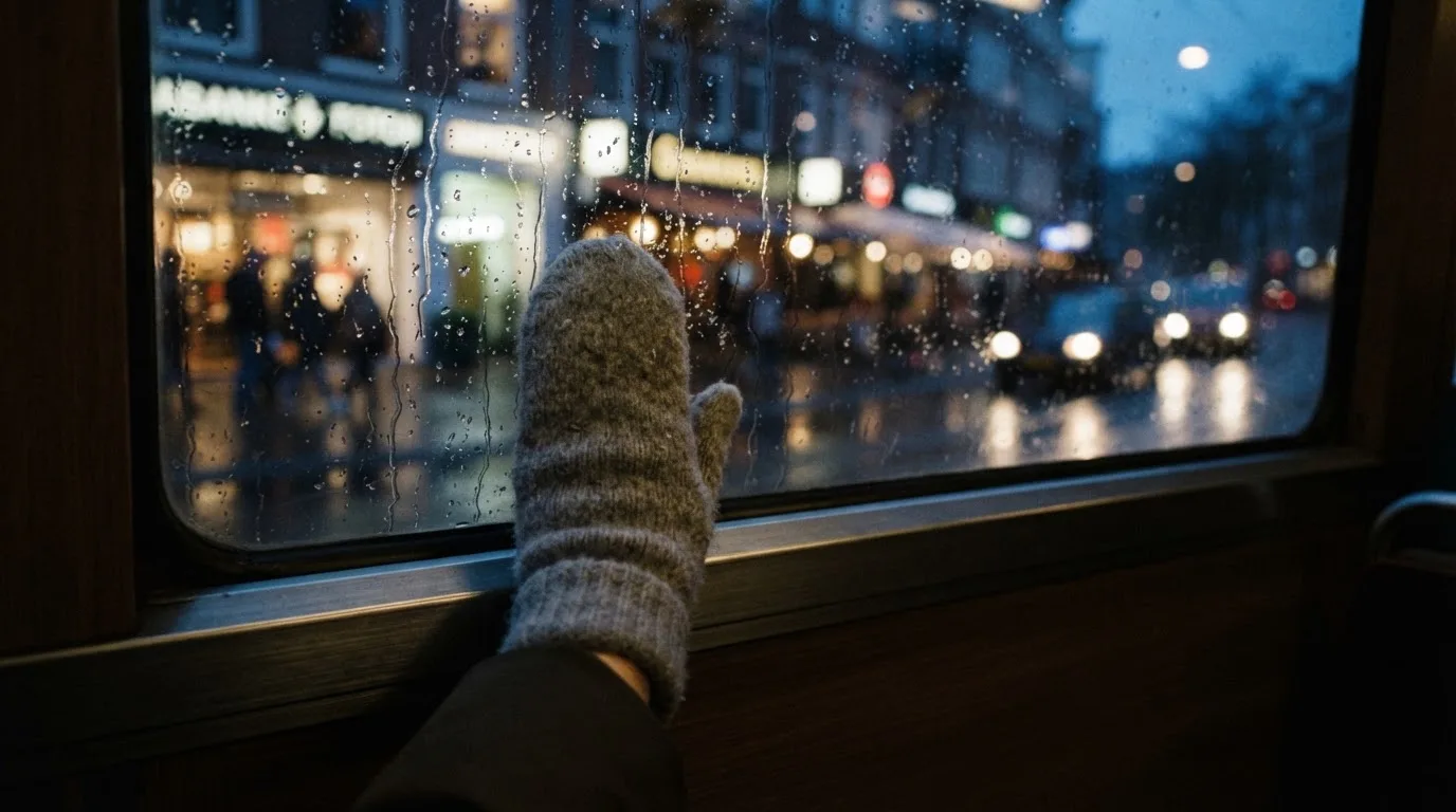 Regndroppar på en spårvagnsruta, bakom glaset en blånande gata, en mjuk yllevante i handen — casinospel i sverige