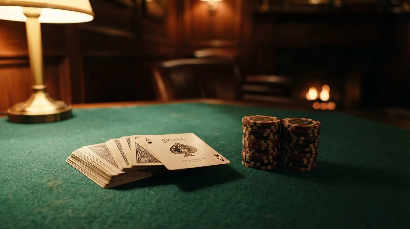 Kortlek och staplar av spelmarker på ett grönt filtbord i en dunkel salong, varmt lampsken — casinostugan för svenskar