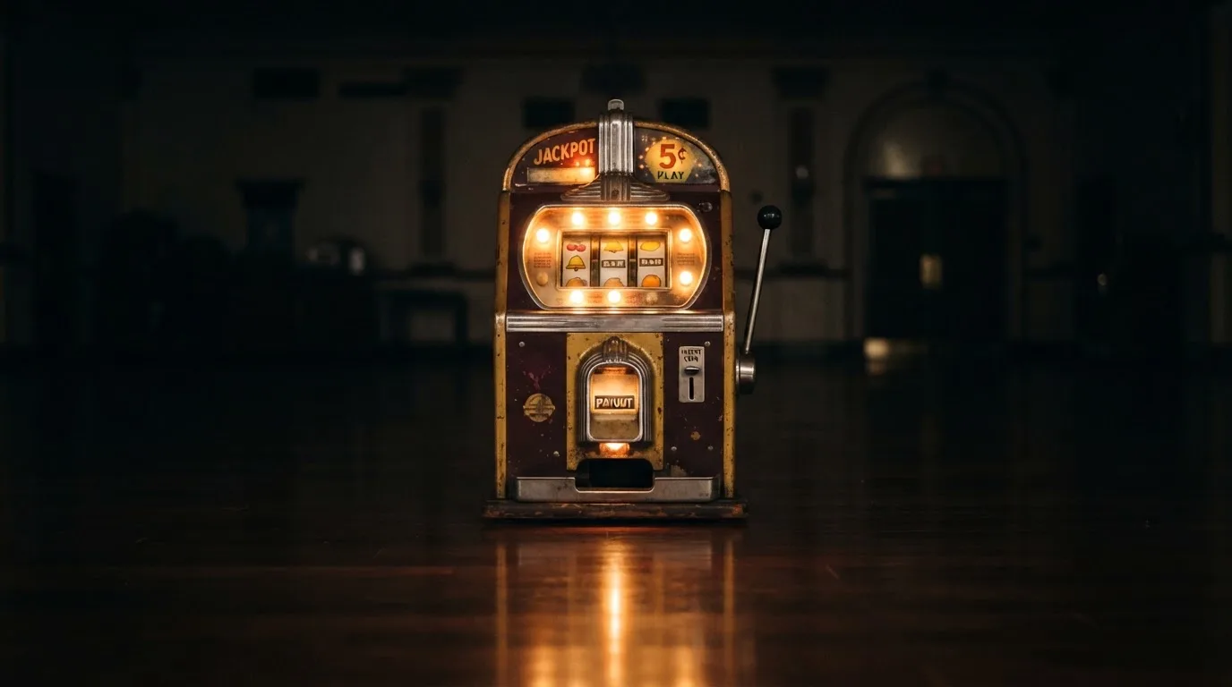 En gammal spelautomat lyser i den dunkla hallen och speglar sig i golvet — hur fungerar casino på nätet