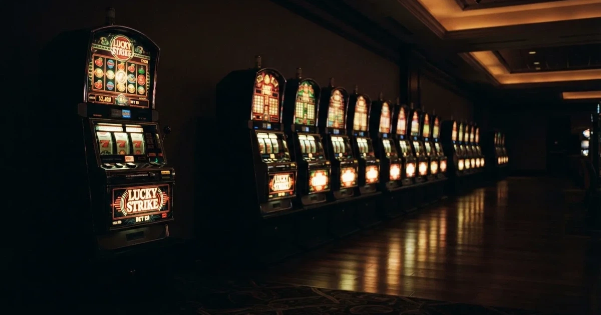 En rad spelskåp i en dunkel hall, rullarna lyser i olika färger och golvet speglar dem — hur fungerar casino på nätet