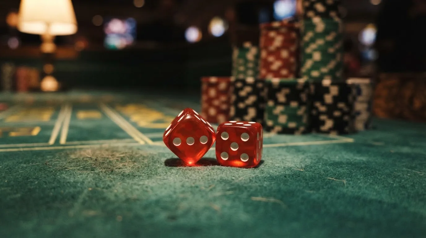 Röda tärningar vilar på grönt filt, bakom dem suddiga torn av spelmarker i kvällsdunklet — hur man vinner på casino