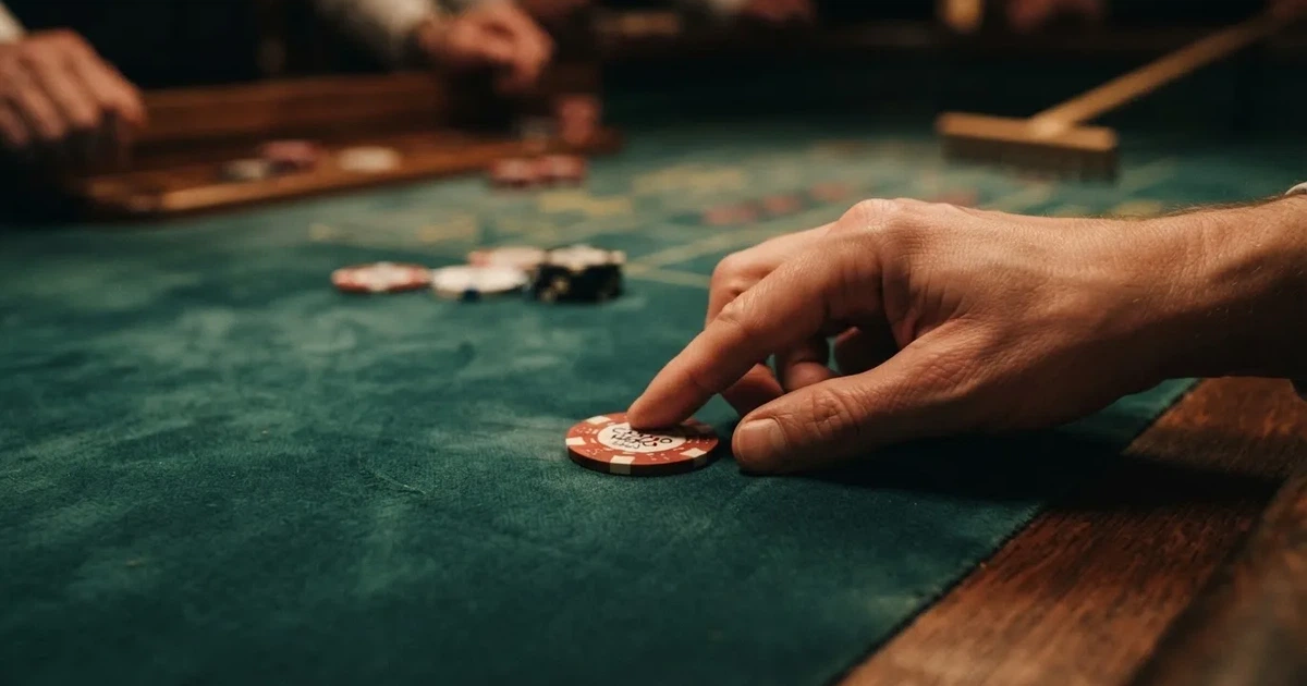 En hand skjuter en spelmark över filten, ljuset träffar fingrarna och markernas kanter glänser — hur man vinner på casino