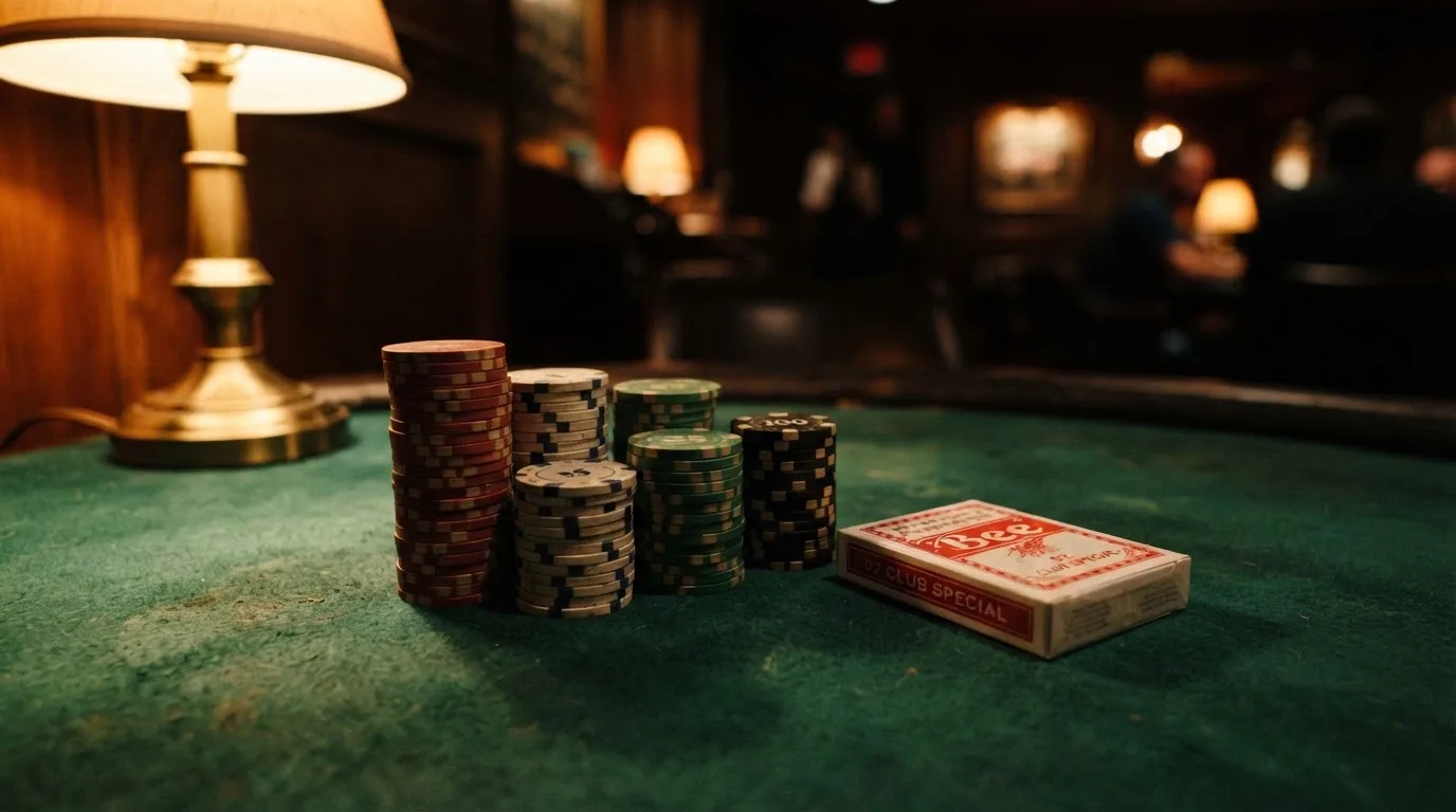 Kortlek och staplar av spelmarker på ett grönt filtbord i en dunkel salong, varmt lampsken — jämförelse av casinon i sverige