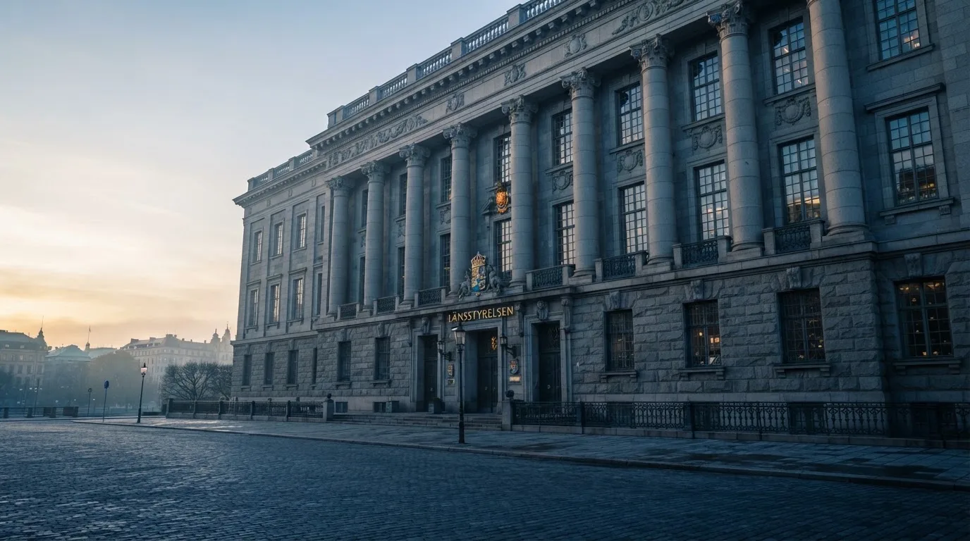 Stenfasad på en statlig byggnad i Stockholm vid gryning, höga pelare och ett tomt torg framför — jämförelse av casinon i sverige