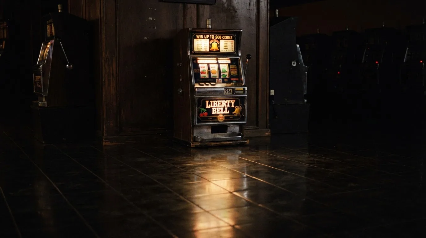 En gammal spelautomat lyser i den dunkla hallen och speglar sig i golvet — kampanjer på casinon i sverige