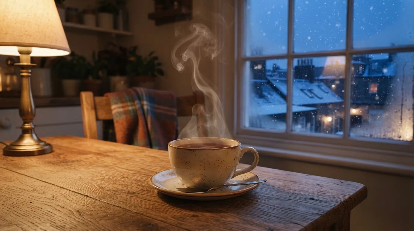 En rykande tekopp på köksbordet en vinterkväll, bakom fönstret faller snön stilla — kasinon utan licens i sverige