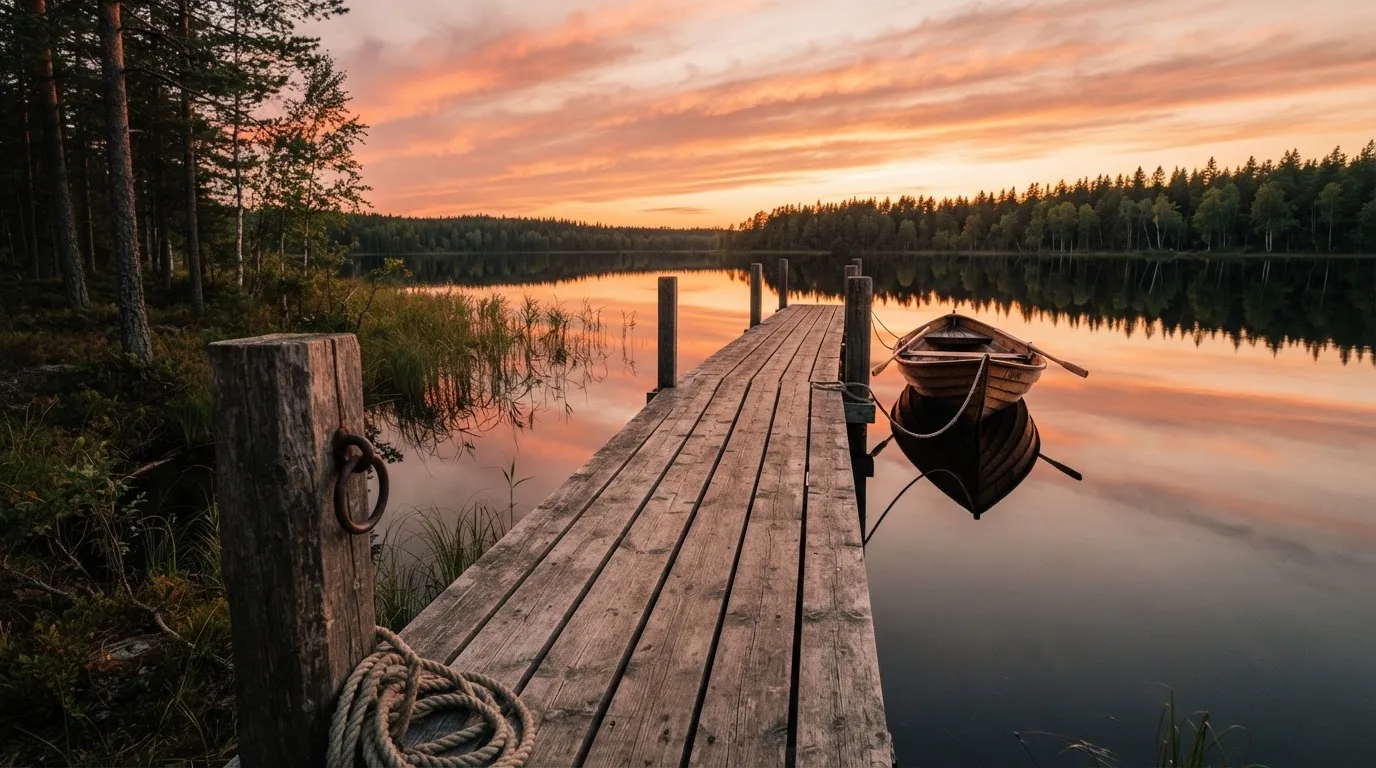 En brygga vid en stilla sjö i solnedgång, roddbåten förtöjd och molnen speglas i vattnet — kasinospel i sverige