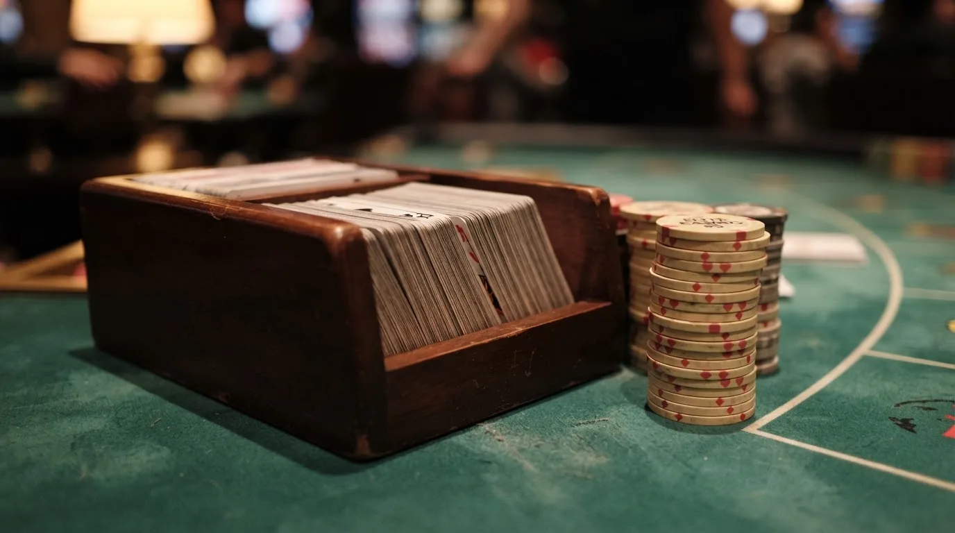Närbild på en träbox med flera kortlekar bredvid en hög spelmarker på ett bord i mjukt lampljus — casinon med baccarat i sverige