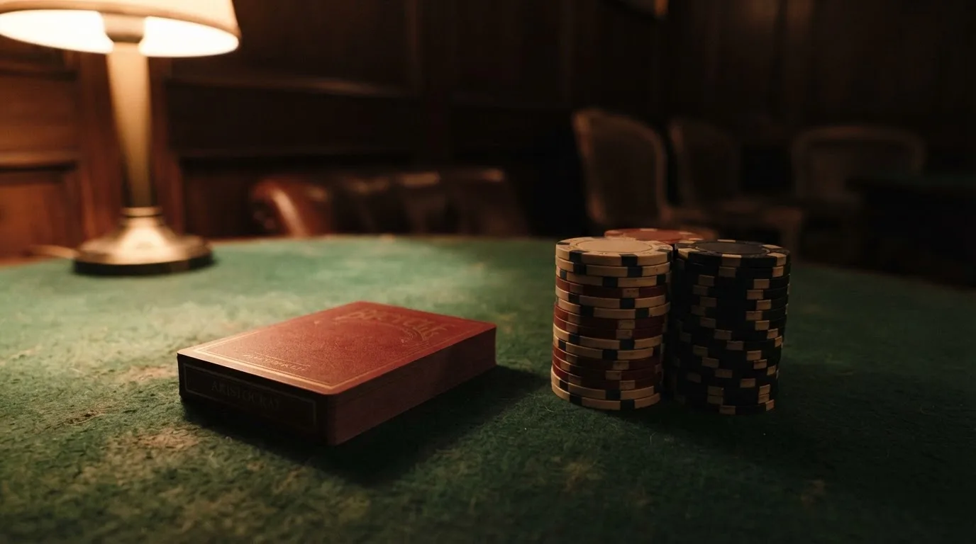 Kortlek och staplar av spelmarker på ett grönt filtbord i en dunkel salong, varmt lampsken — kortspel på ett kasino