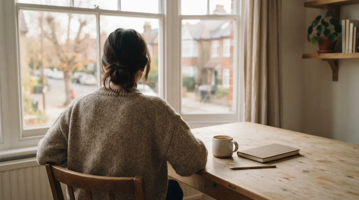 En person sitter vid ett skrivbord hemma med en kopp kaffe och tittar ut genom fönstret i mjukt morgonljus.