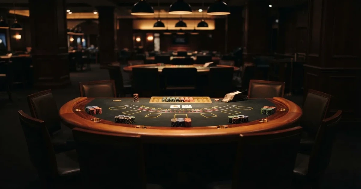Ett halvmåneformat kortbord i en tyst sal, spelmarker framför varje plats och mjukt takljus — live blackjack i sverige