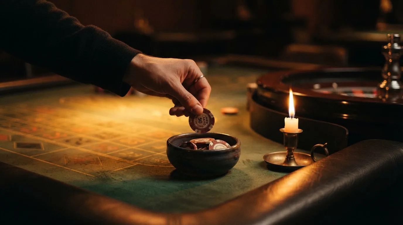 En hand lyfter en spelmark ur en skål, ljuslågan färgar bordet gyllenbrunt — live roulette i sverige