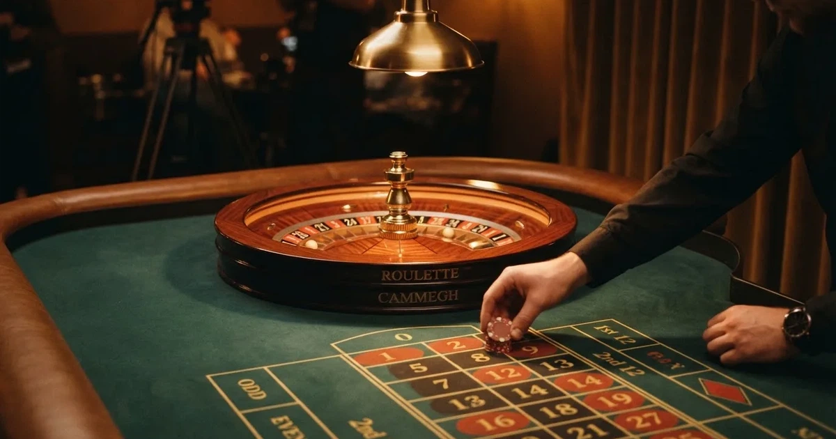 Croupierens händer blandar kort på grönt filt, taklampan speglas i den blanka kortbunten — live roulette i sverige