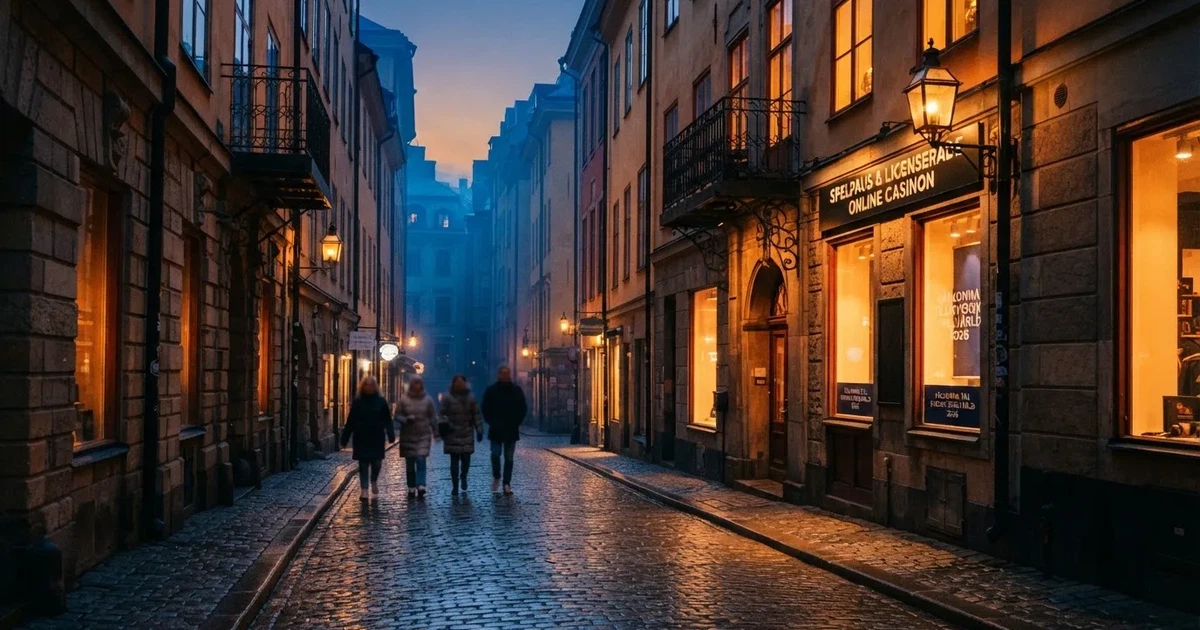 En stadsgata fotograferad i skymning med suddiga ljus från fönster i byggnader längs båda sidor.