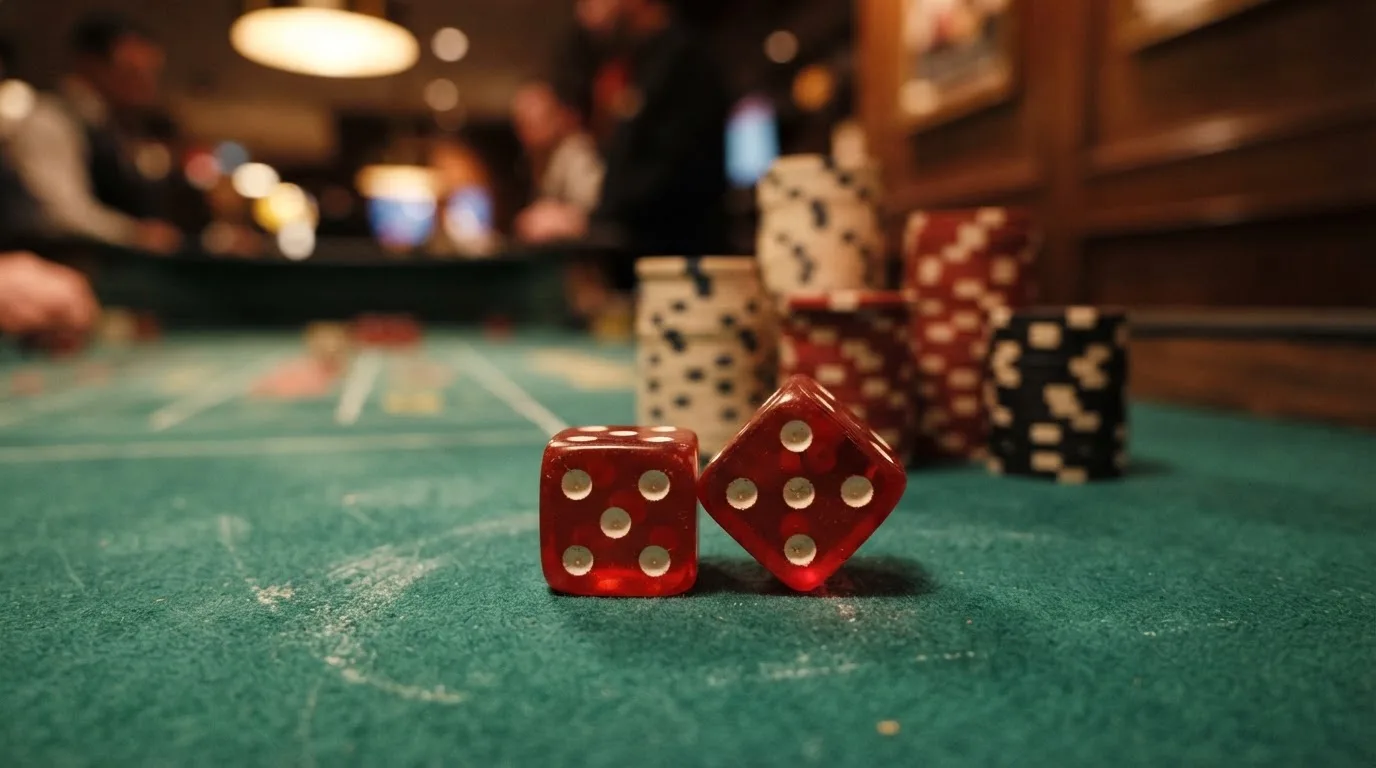 Röda tärningar vilar på grönt filt, bakom dem suddiga torn av spelmarker i kvällsdunklet — nytt casinon i sverige