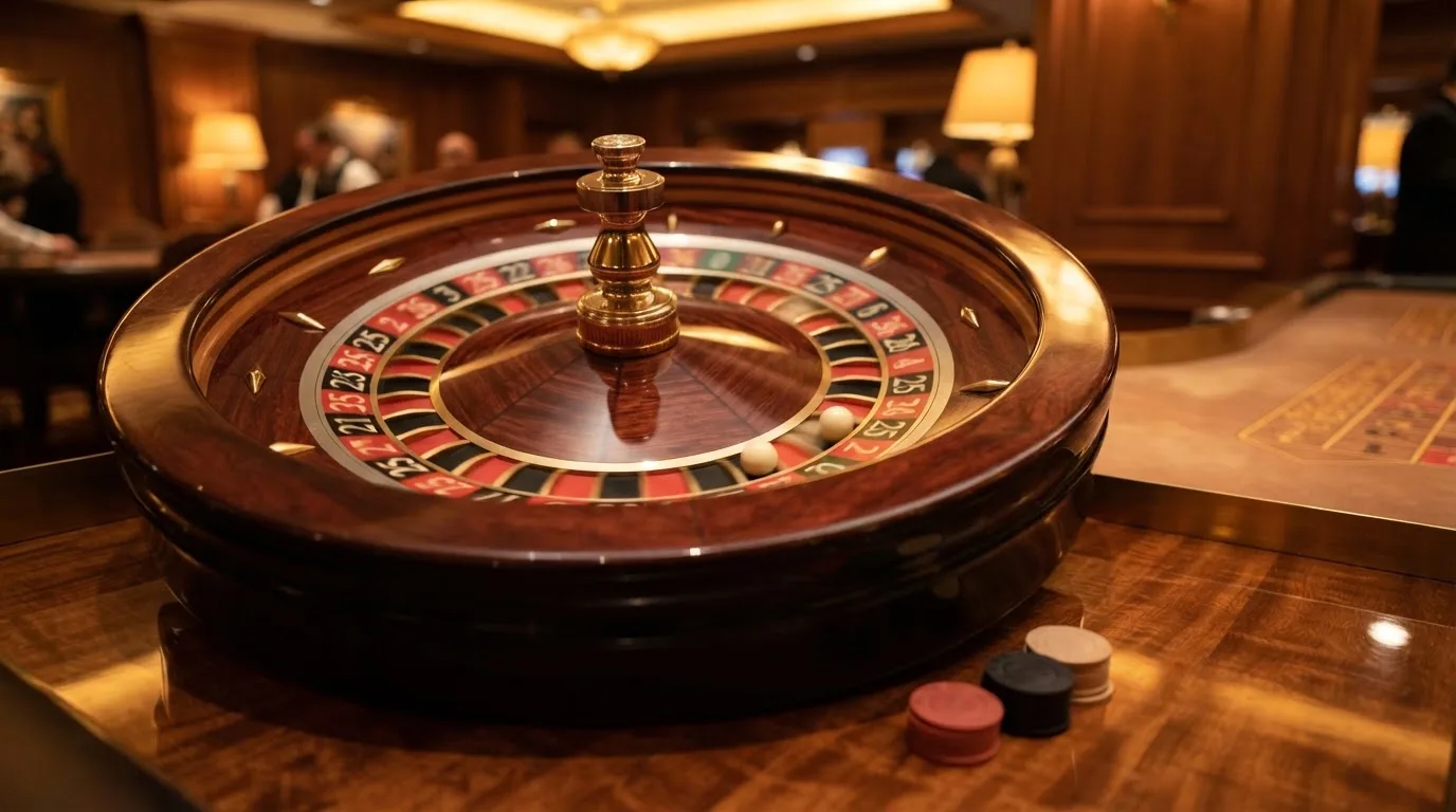 Ett roulettehjul snurrar på ett blankt träbord, den vita kulan glimmar i takljusets guld — online blackjack i sverige