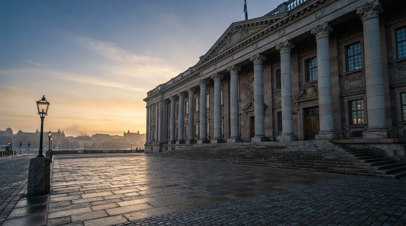 Stenfasad på en statlig byggnad i Stockholm vid gryning, höga pelare och ett tomt torg framför — online blackjack i sverige