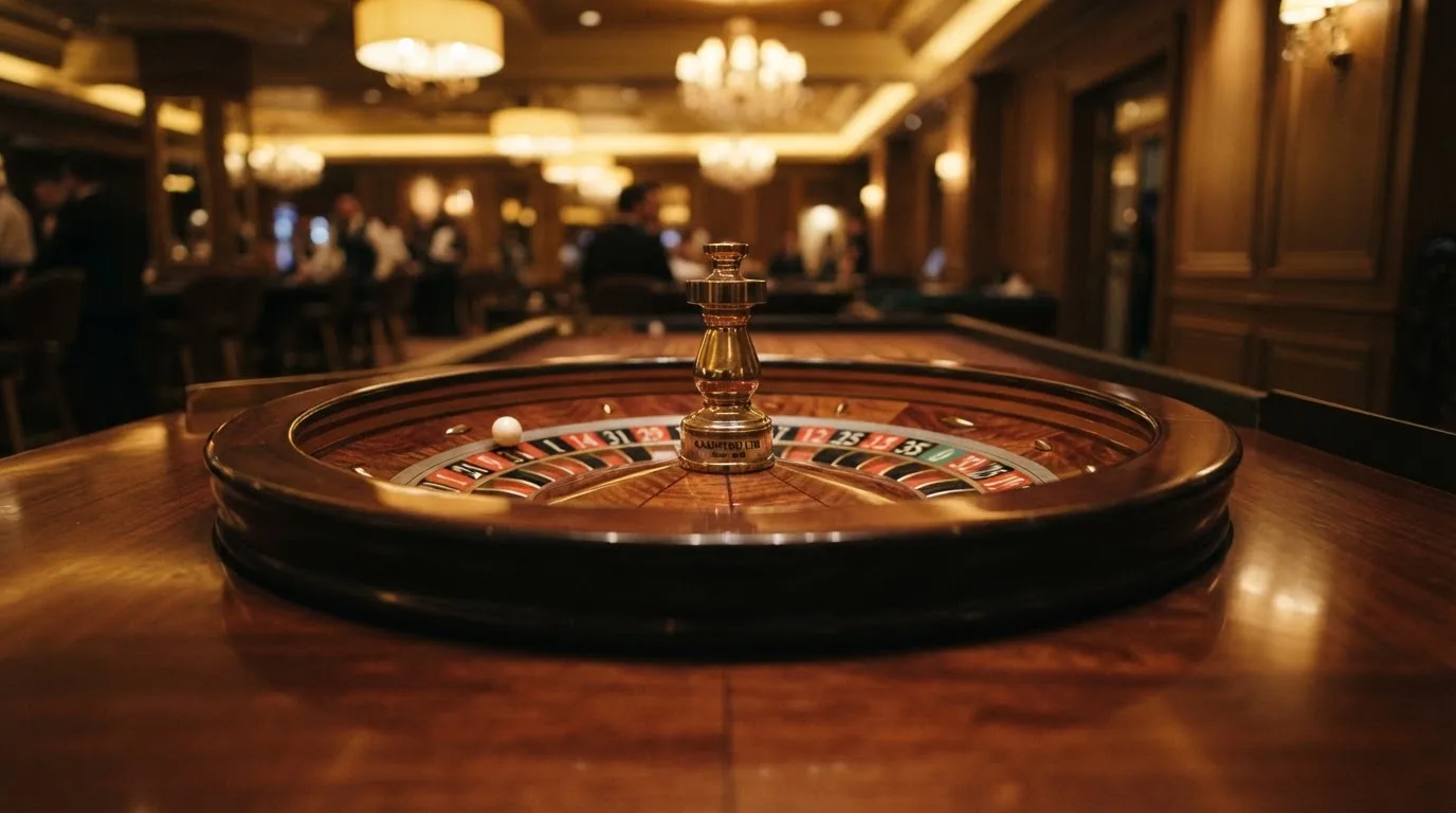 Ett roulettehjul snurrar på ett blankt träbord, den vita kulan glimmar i takljusets guld — online spelautomater i sverige
