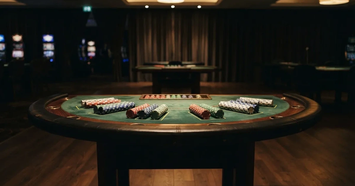 Ett halvmåneformat kortbord i en tyst sal, spelmarker framför varje plats och mjukt takljus — online spelautomater i sverige