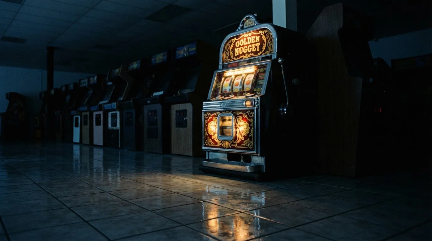 En gammal spelautomat lyser i den dunkla hallen och speglar sig i golvet — populära casinon i sverige