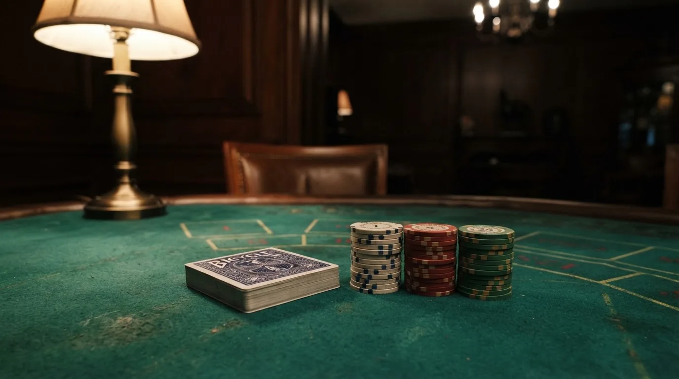 Kortlek och staplar av spelmarker på ett grönt filtbord i en dunkel salong, varmt lampsken — roulette gratis i sverige