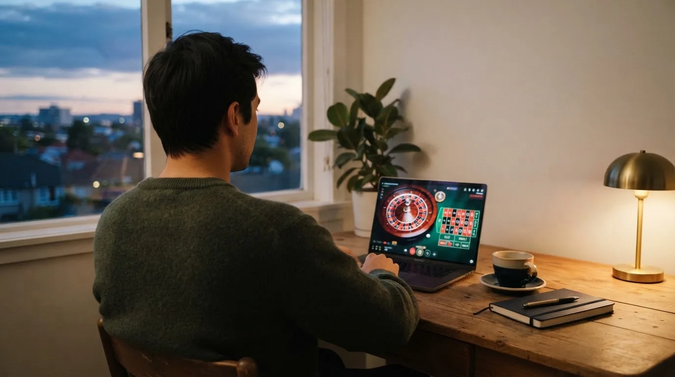 En person sitter vid ett skrivbord hemma med en kopp kaffe och tittar ut genom fönstret medan kvällsljuset faller in mjukt.