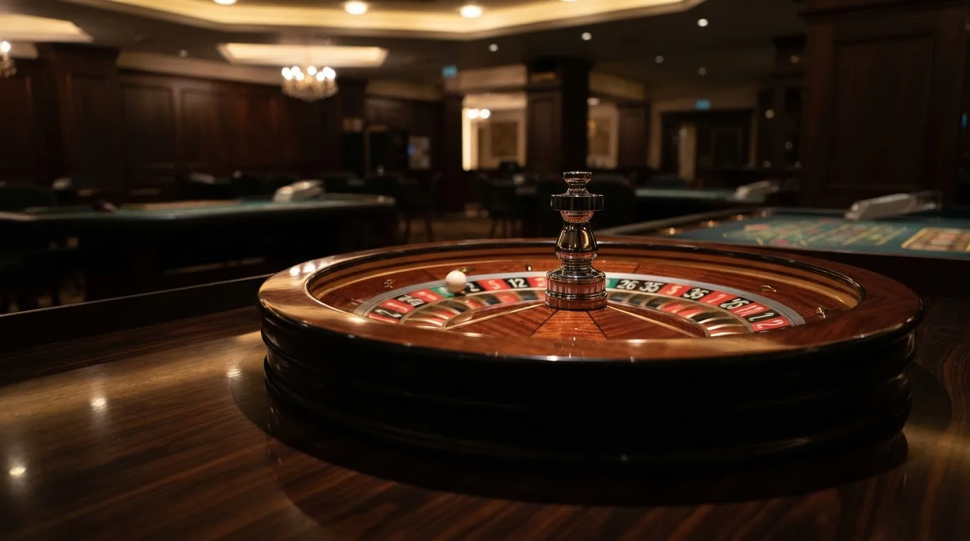 Ett roulettehjul snurrar på ett blankt träbord, den vita kulan glimmar i takljusets guld — roulette på nätet i sverige