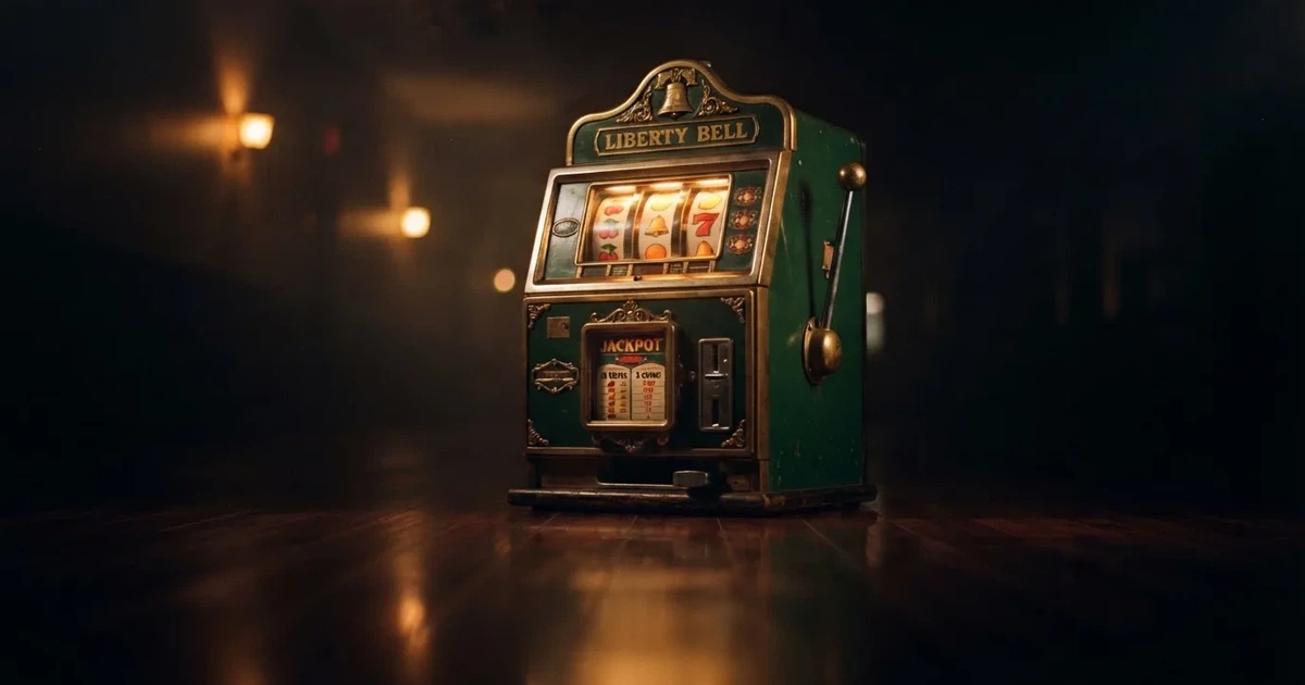 En gammal spelautomat lyser i den dunkla hallen och speglar sig i golvet — säkra casinon i sverige