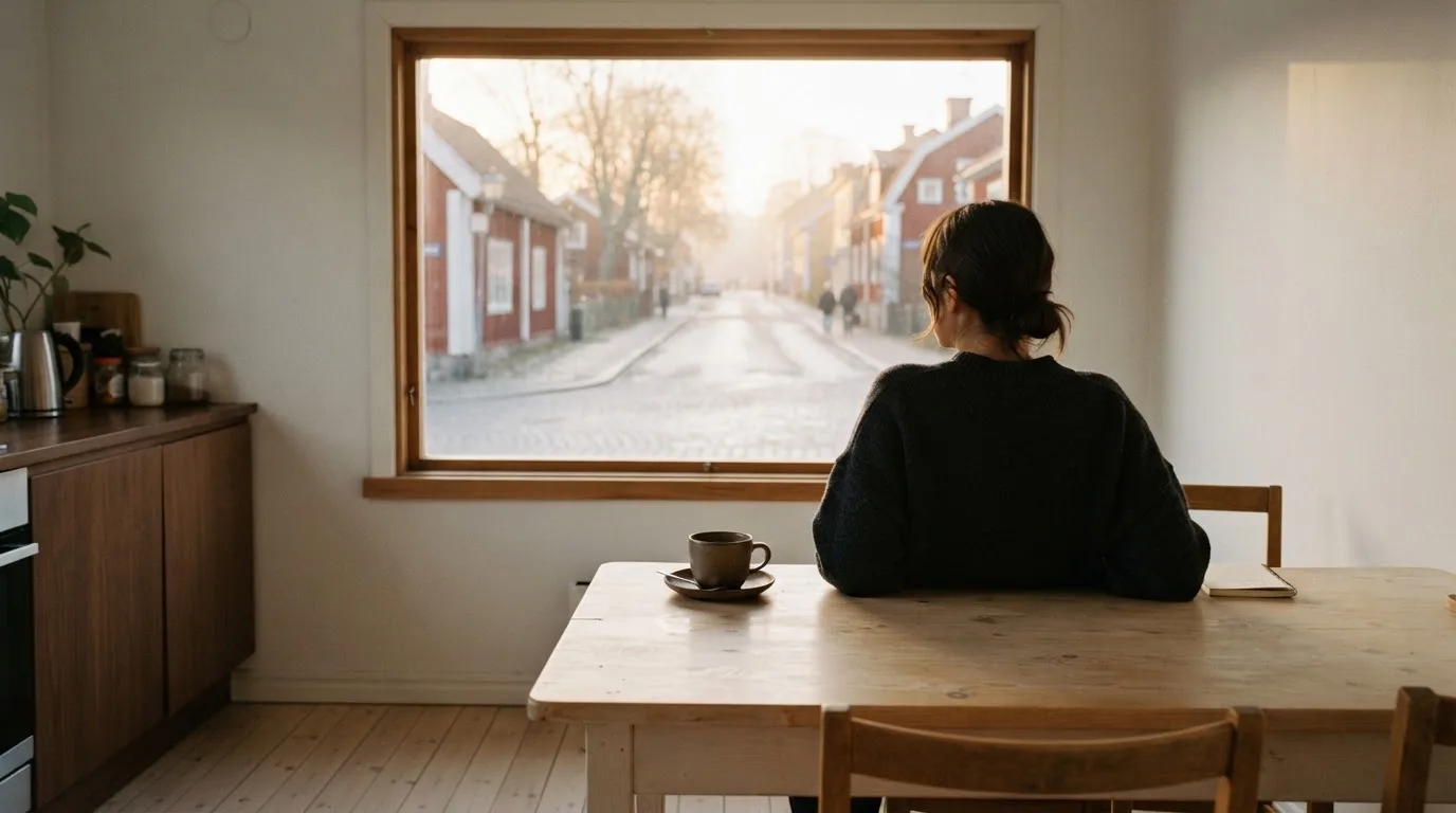 En person sitter vid köksbordet med en kopp kaffe och tittar ut genom fönstret i mjukt morgonljus.