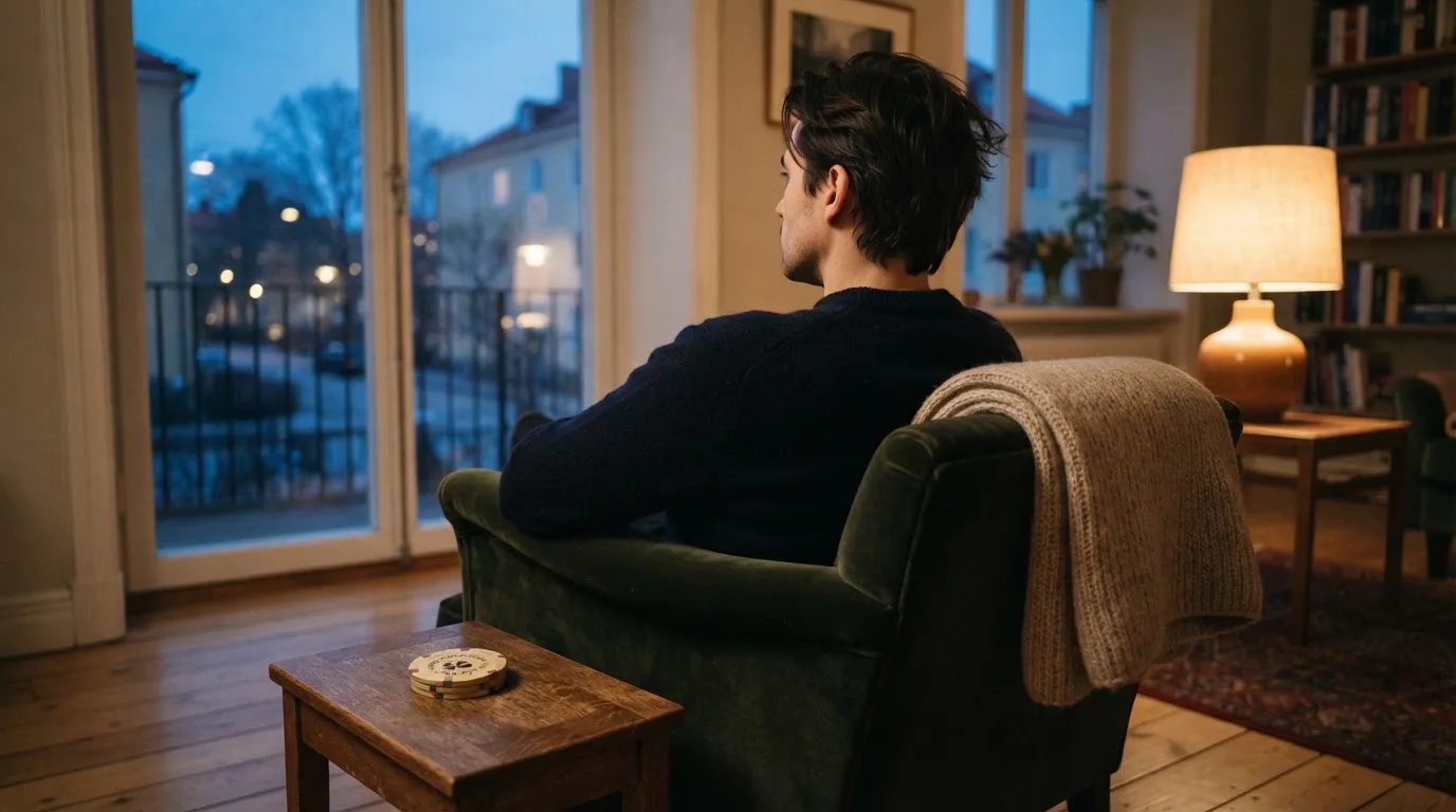 En person sitter ensam i en fåtölj med händerna knäppta och blicken riktad ut genom fönstret en lugn kväll.