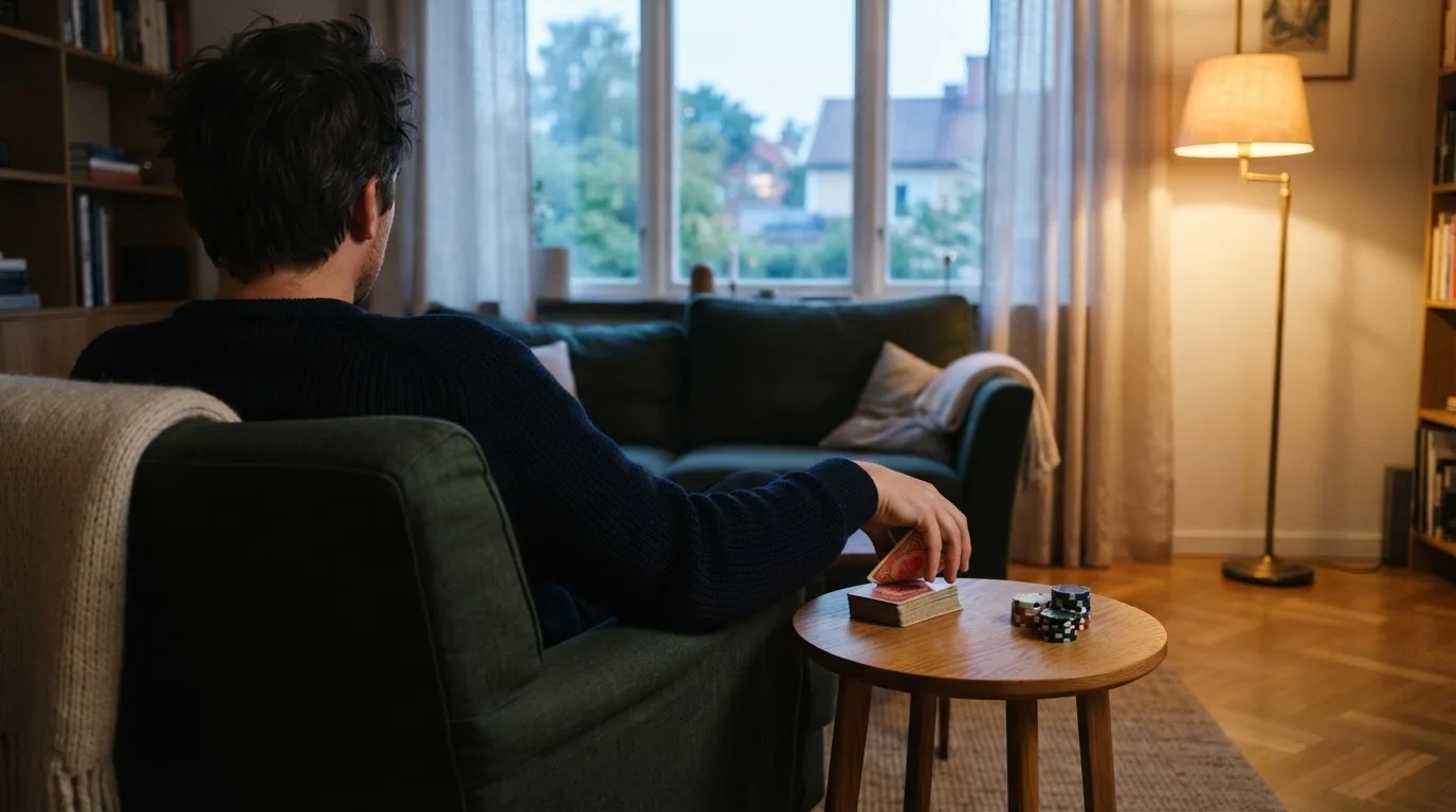 En person sitter hemma i en fåtölj och blandar en kortlek på ett litet bord, med mjukt kvällsljus genom fönstret i bakgrunden.